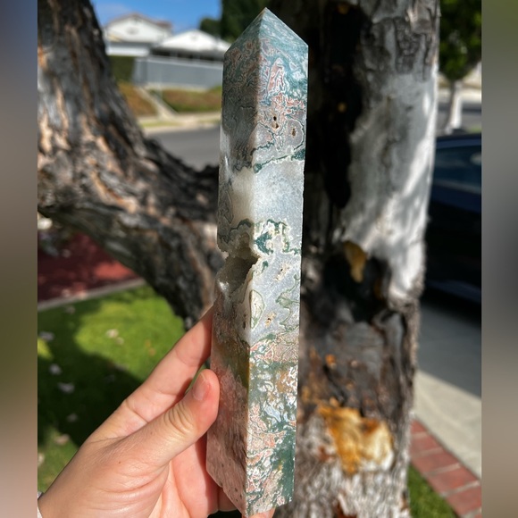 Rare Pink Moss Agate Tower With Druzy Pockets and Quartz - Picture 4 of 9